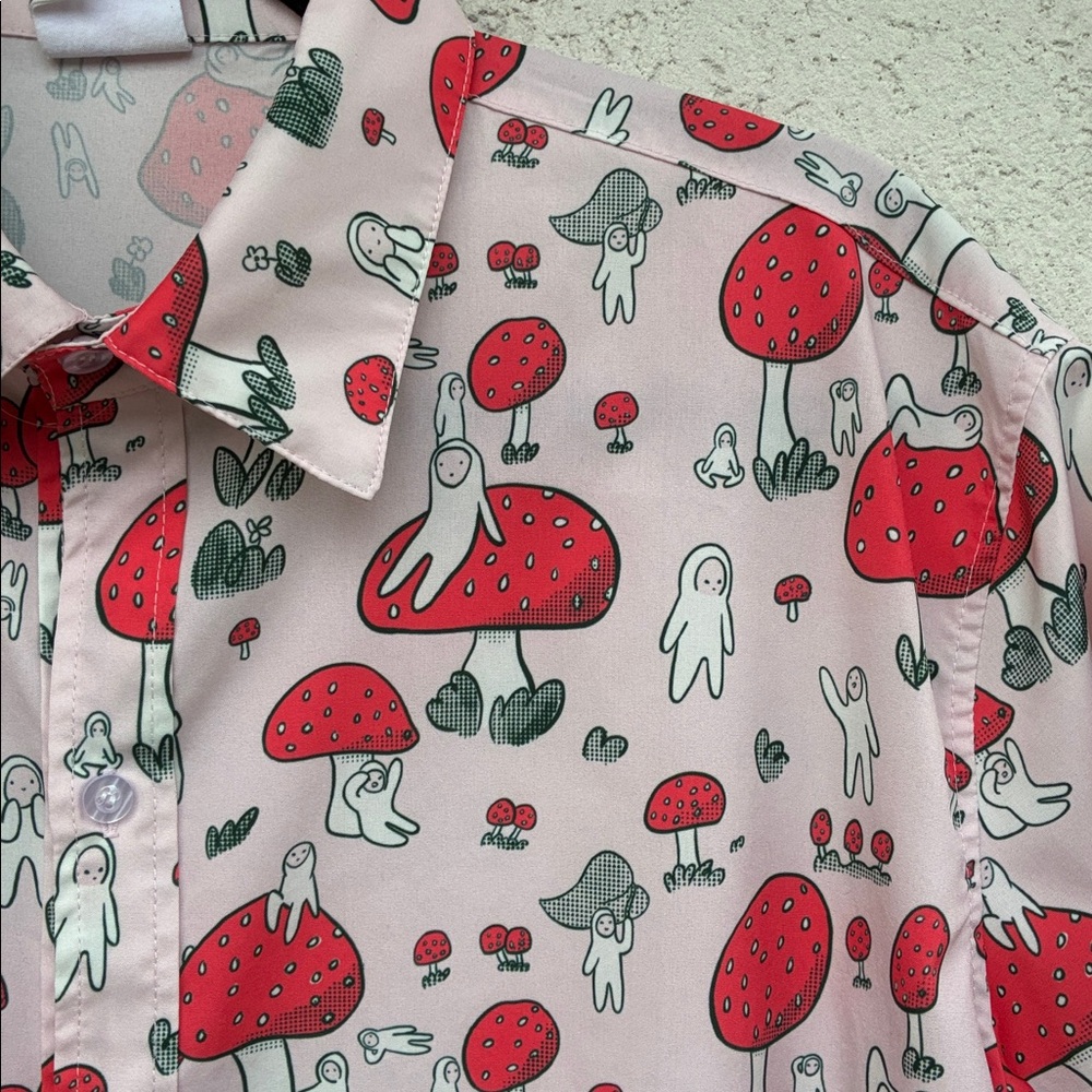 Uchuu Summer Mushroom Party polyester Hawaiian shirt pink with red, white black